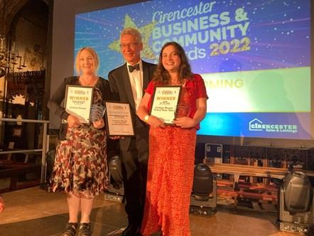 Cirencester Chamber of Commerce Business & Community Awards 2022 - Corinium Museum: Pictured left to Right: Emma Stuart, Cllr Tony Dale, Tabitha Parker