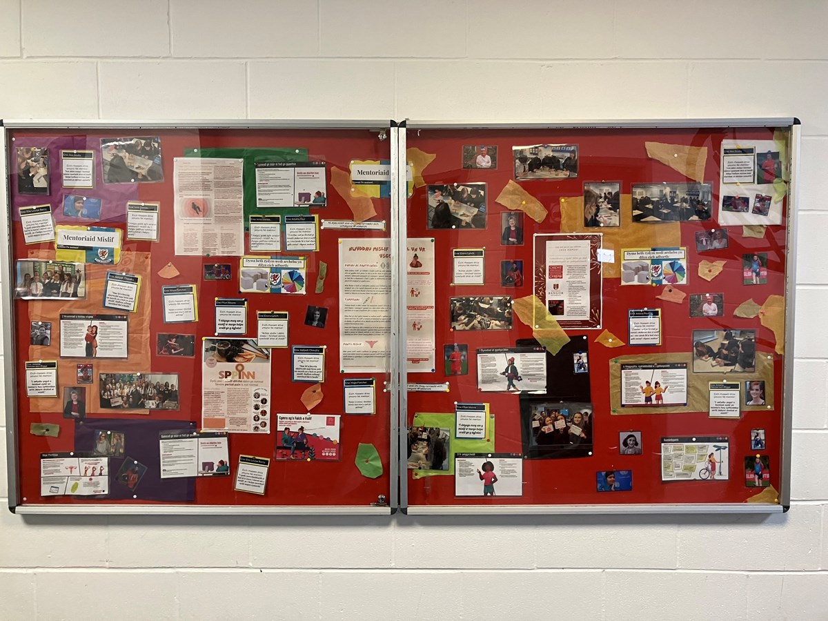 A wall display about the Period Dignity Drive at Ysgol Gyfun Cwm Rhymni
