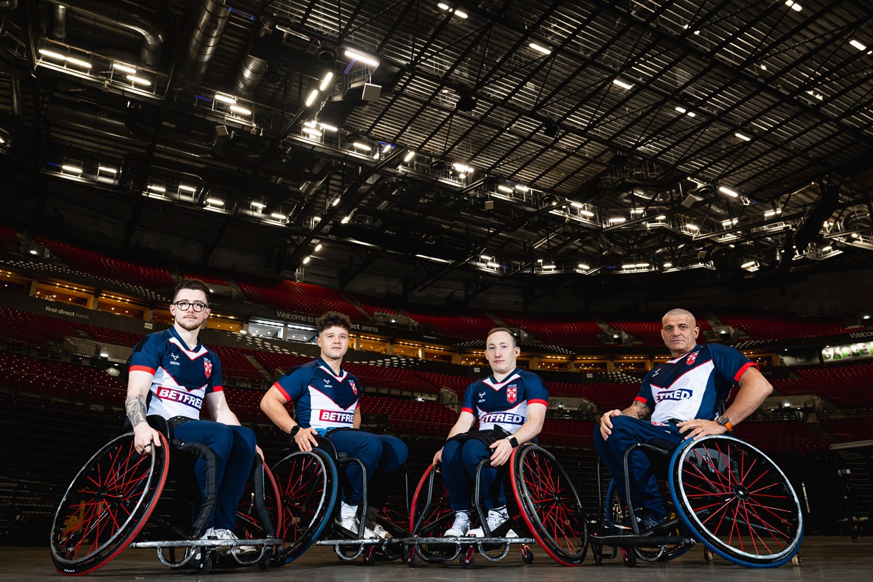 England 3: England squad members (left to right) Josh Butler, Tom Halliwell, Nathan Collins and Wayne Boardman visit the first direct arena in Leeds ahead of their game there against France. Credit: Alex Whitehead/SWpix.com.