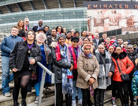 Pictured outside Emirates Stadium are representatives from Islington Council, Love and Loss, Islington and Camden Parent Champions Support Project and Arsenal Football Club.