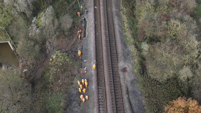 Engineers at the site of the Aycliffe landslip working to repair railway, Network Rail-2: Engineers at the site of the Aycliffe landslip working to repair railway, Network Rail-2