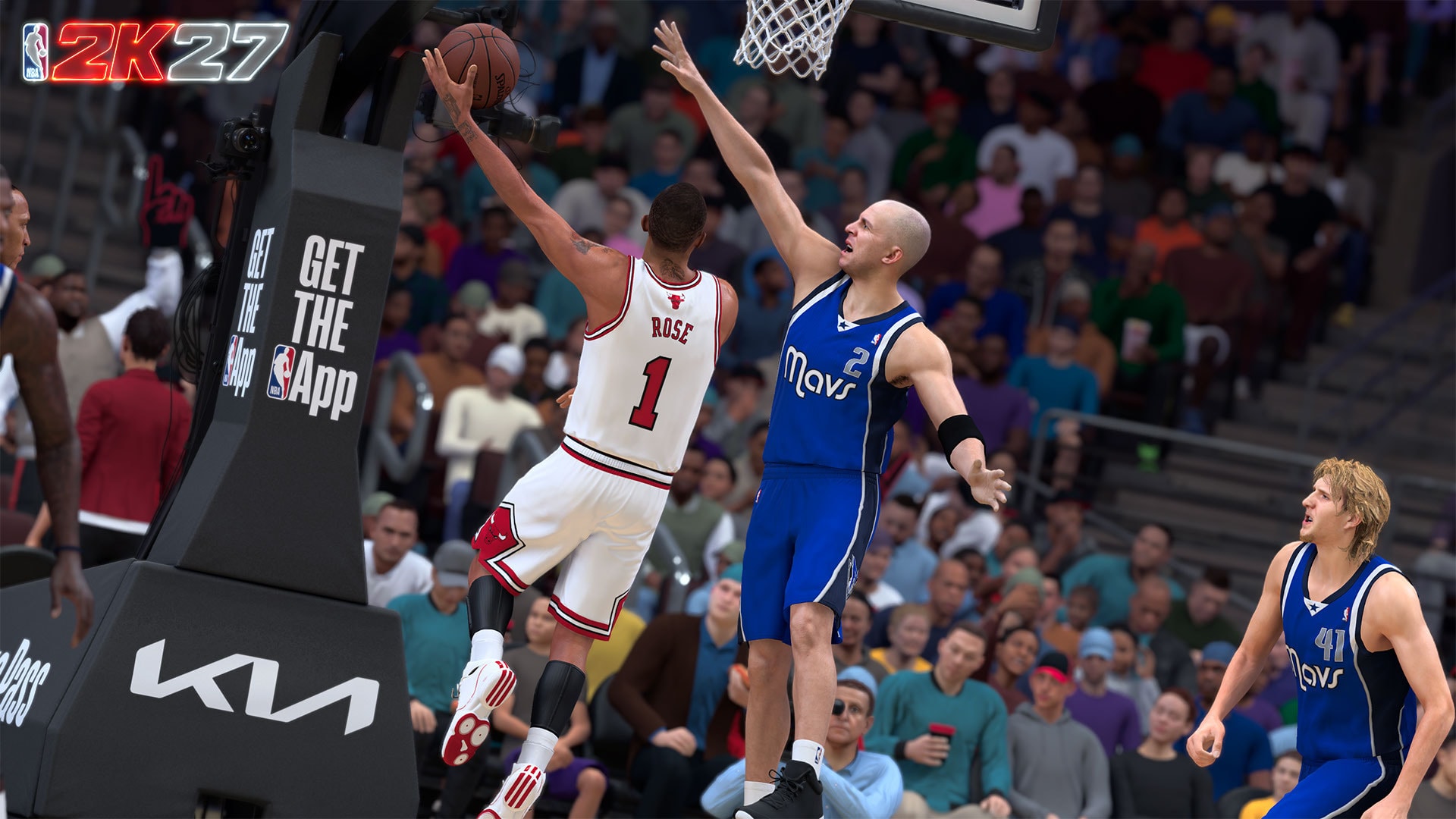 NBA 2K27 in-game action showing a contested layup attempt near the rim