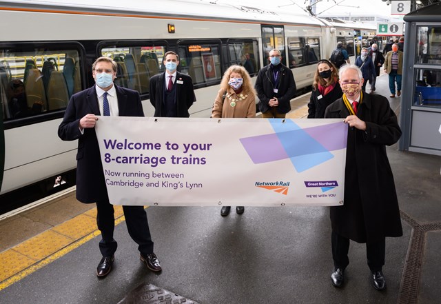 Cambridge 11 December eight carriage train event: Welcoming the eight-carriage train from King's Lynn at Cambridge are (left to right) James Palmer Maypr of the Cambridgeshire & Peterborough Combined Authority, Rob Mullen Great Norther and Thameslink Train Services Director, Cllr Groom Deputy Mayor of Downham Market, Ian Sanderson CEO of Cambridge BID, Sarah-Jane Crawford Network Rail Principal Programme Sponsor Anglia, Daniel Zeichner MP.