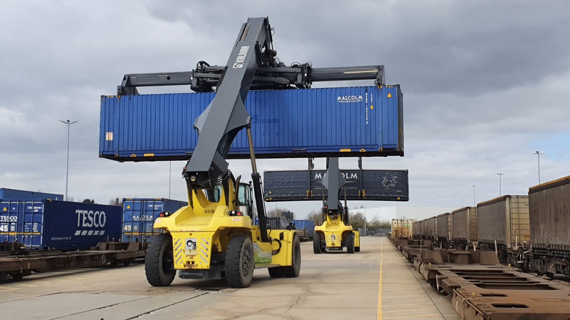 Thousands of tonnes of essentials transported by rail to Scotland daily: Containers ready to be loaded onto freight trains at DIRFT (1)