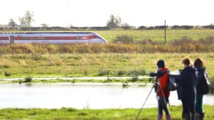 LNER AZUMA PASSING DURHAM WILDLIFE TRUST SITE RICKNALL CARRS