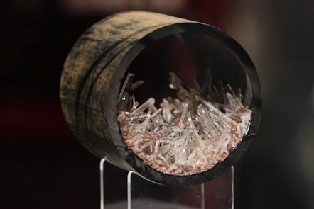 A plastic pipe containing gypsum crystals, image copyright Stewart Attwood