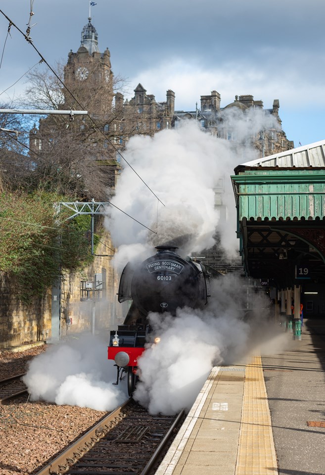 Flying Scotsman leaving Edinburgh Waverley on the day of its 100th anniversary. Credit: Steve Morgan - Science Museum Group: Science Museum Group images are subject to copyright and are supplied for non-commercial editorial use in connection with this story only. For all other uses, please contact the Science and Society Picture Library: picture.library@ScienceMuseum.ac.uk