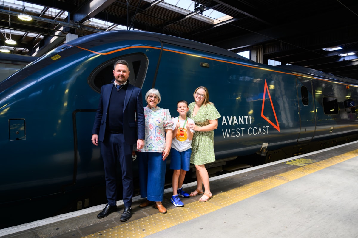 Left to Right: Paul Scott (Avanti West Coast Driver Team Manager), Joanna Buckley (Avanti West Coast Community Manager), Joshua Emmett, and Charlie Emmett at London Euston station