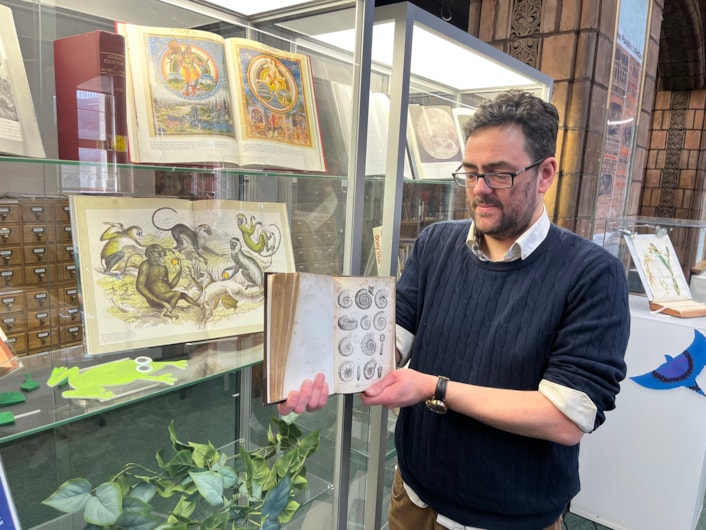 Antique book return: Special collections librarian Antony Ramm with one of pair of antique library books written by a renowned 19th century geologist which have finally been returned 50 years late.
Volumes I and II of the esteemed Rev. William Buckland’s Geology and Mineralogy, written almost 200 years ago, were due back at Leeds Central Library in March 1976, but were instead discovered by staff in a charity shop in Beverley, East Yorkshire.