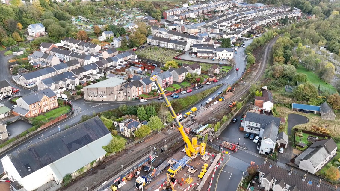 Passengers urged to plan ahead as Ebbw Vale line upgrade reaches final stage: Llanhilleth aerial with crane during earlier work to Ebbw Vale line