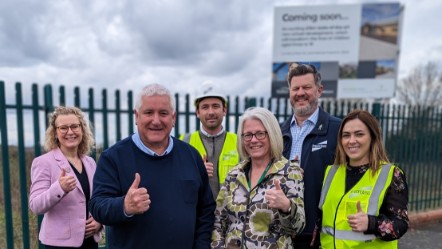 Cllr Patrick Harley, leader of the council, and Marie Hunter, head at Pensmeadow with (back l-r) Cllr Ruth Buttery, cabinet member for children's services, and Interclass' Matt Thornton, Des O'Neill and Amy Gibbs-2