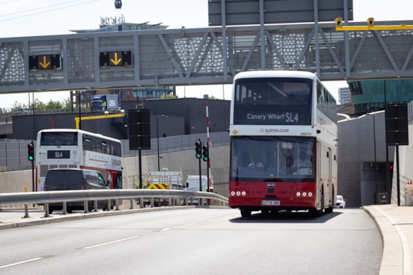 New report shows one-year-old Silvertown Tunnel cuts congestion and boosts bus use alongside improved air quality: TfL Image - SL4 buses using the Silvertown Tunnel