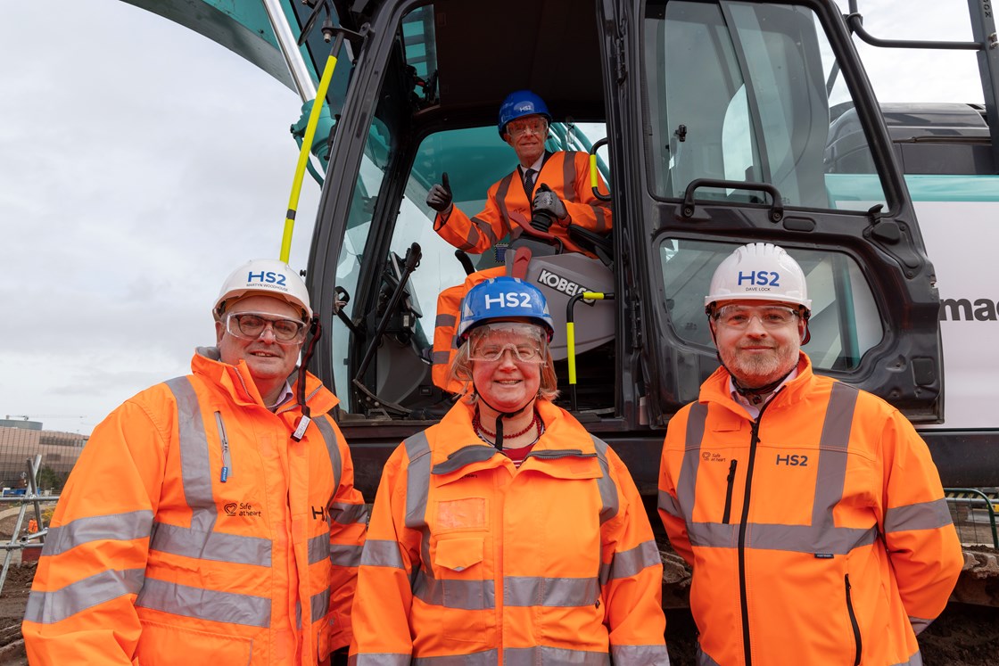 HS2 celebrates the start of construction of Curzon Street station. L -R, Martyn Woodhouse, MDJV Director, Liz Clements, Cabinet Member for Transport, Birmingham Council, Andy Street, West Mids Mayor, Dave Lock, HS2