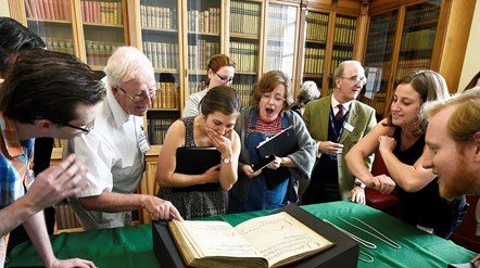 Renaissance choral group, Seattle-based Byrd International Singers visit the National Library to view a 16-century choral text before performing at the Fringe in 2019. The ‘Scone Antiphoner’, also called The Carver Choir-book – which belonged to Robert Carver, a canon of Scone Abbey – is one of very