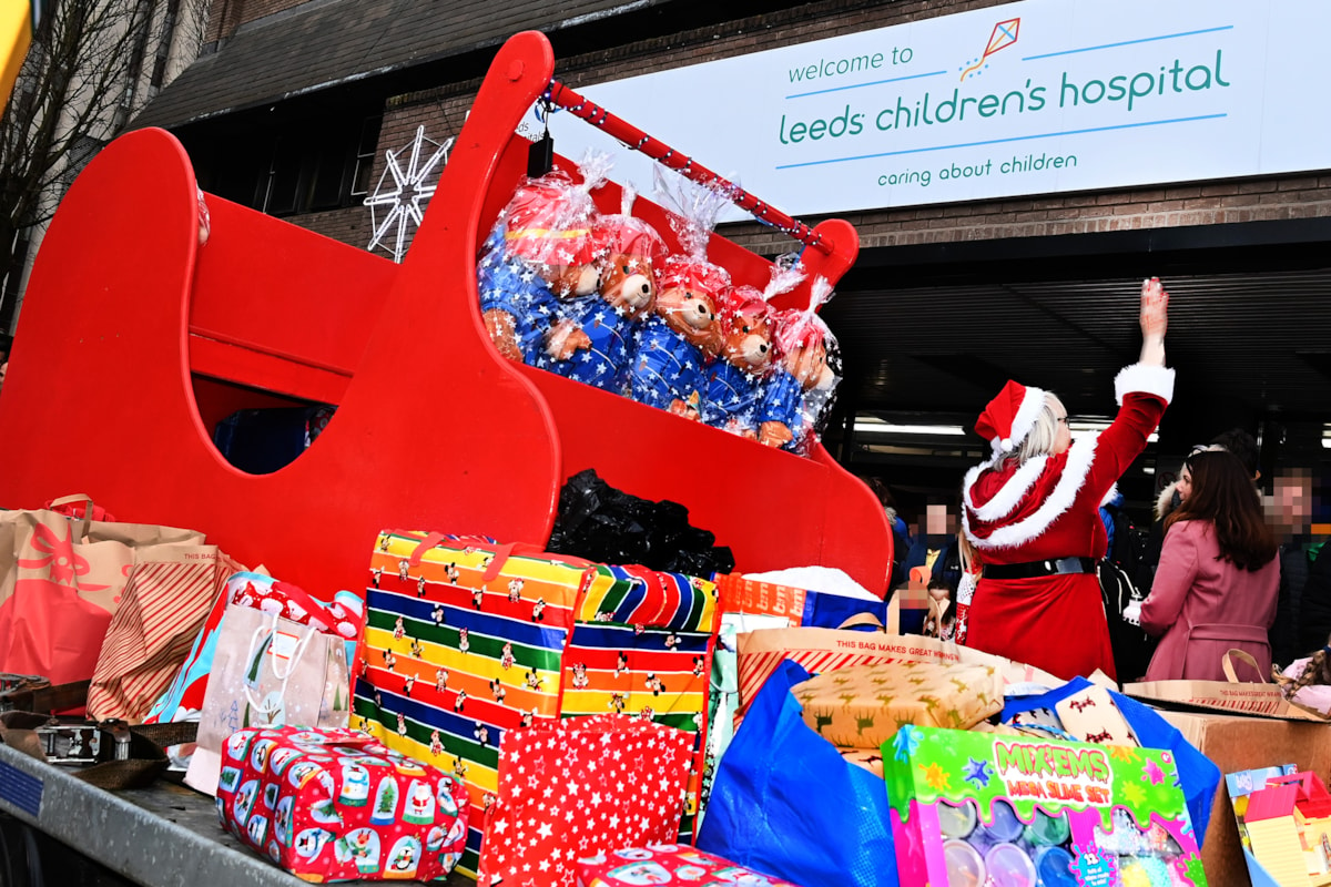 An image of the sleigh packed with presents at Leeds Children's Hospital