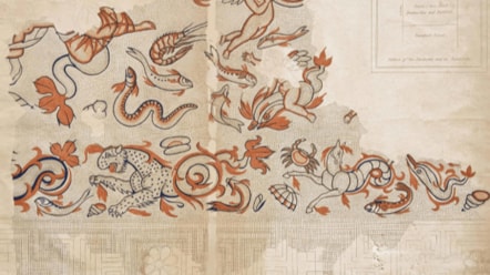 Lysons Smirke drawing of the sealife mosaic as recorded in the 19th century.                        