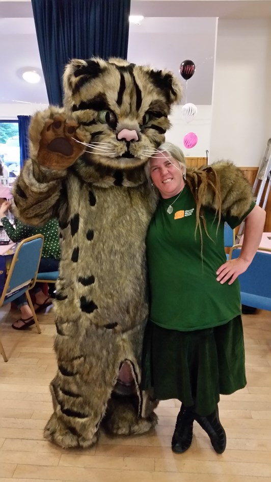 William the Wildcat: Scottish Wildcat Action (SWA) mascot, William the Wildcat, with Emma Rawling, SWA project officer.