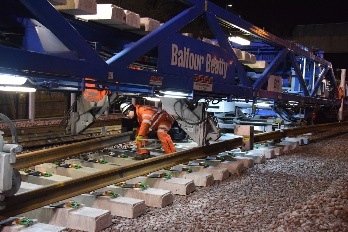 Crossrail work at Abbey Wood -Easter 2016: Crossrail work at Abbey Wood New Track Construction (NTC) Machine being used in Abbey Wood to lay up to 11 sleepers a minute and automatically fix the rail (7)