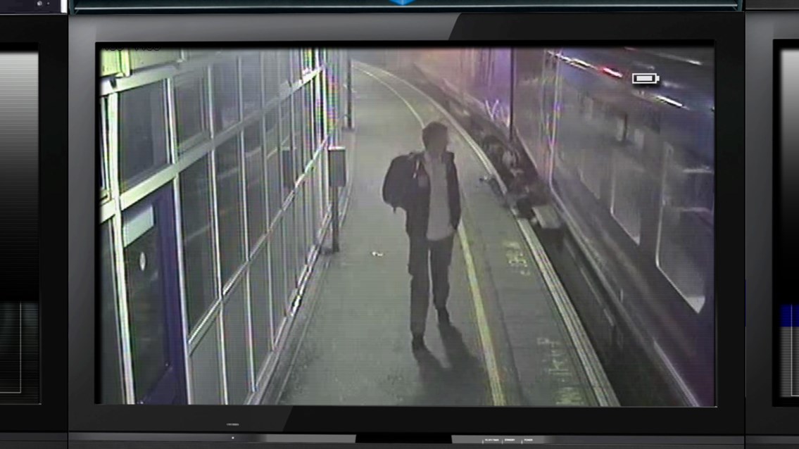 Station safety campaign - CCTV still image Manchester Piccadilly - man slips between train and platform: Station safety campaign - CCTV still image - Manchester Piccadilly - man slips between train and platform