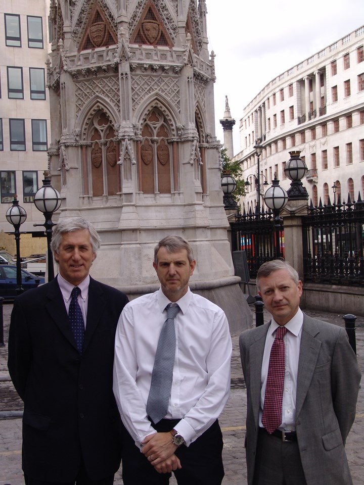 Eleanor Cross: (From left) Robert Thornton, principal architect, Network Rail; ChrisGladwell, associate director, PAYE; Timonthy Jones, team leader for Westminster and West London, English Heritage