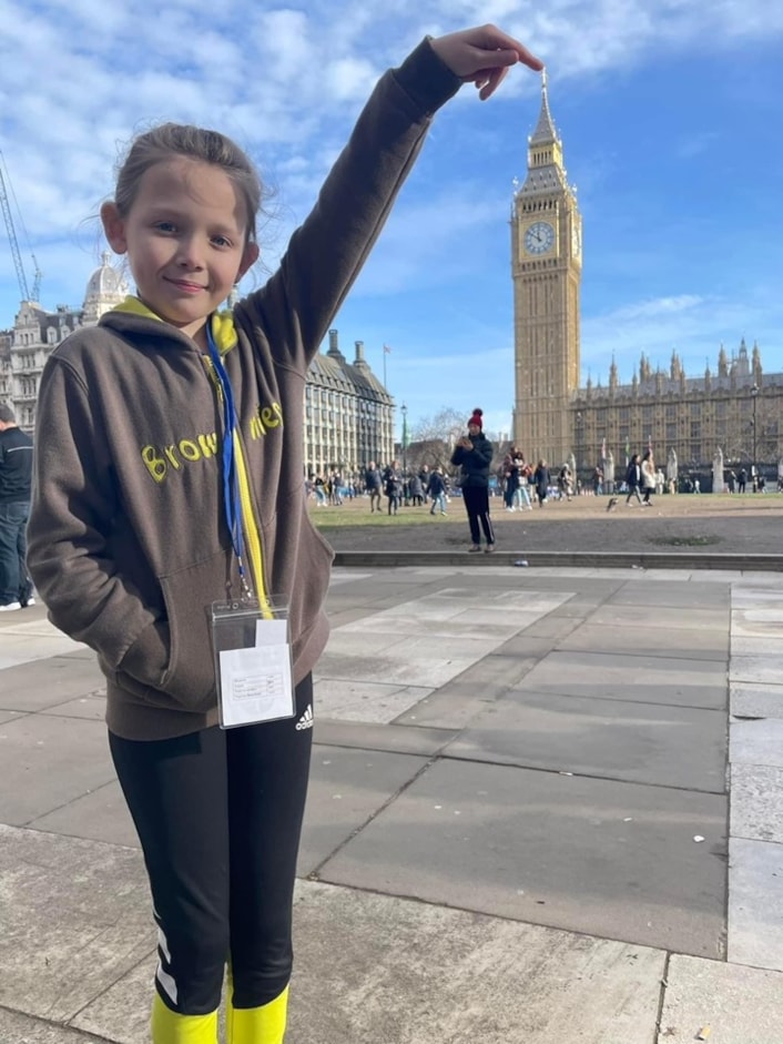 Lyla Bell in London - Child Friendly Leeds Awards 2024: Lyla is a member of 1st Lofthouse Brownies. Pictured during a trip to London.