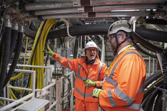 HS2 minister Andrew Stephenson (R) aboard HS2's first TBM with Align underground construction director Didier Jacques (L).