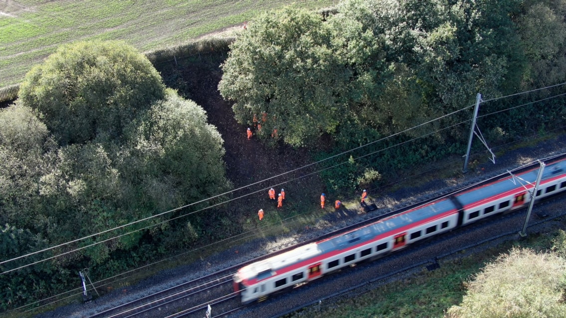Transport for Wales train aerial shot on Chat Moss Line October 2026