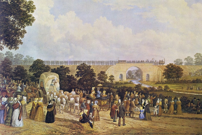 Robert Morrow's grave: Opening of the Stockton and Darlington Railway, a watercolour painted in the 1880s by John Dobbin showing crowds watching the inaugural train cross the Skerne Bridge in Darlington. Source Wikimedia Commons.