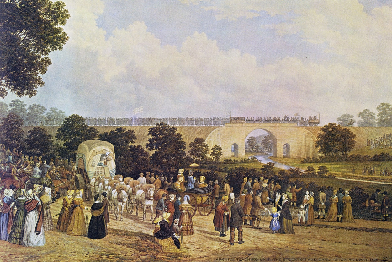 Robert Morrow's grave: Opening of the Stockton and Darlington Railway, a watercolour painted in the 1880s by John Dobbin showing crowds watching the inaugural train cross the Skerne Bridge in Darlington. Source Wikimedia Commons.