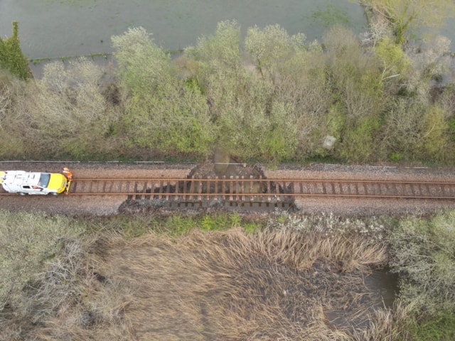 Aerial shot of flood damage at Dolgarrog on the Conwy Valley Line in North Wales, April 2024-2: Aerial shot of flood damage at Dolgarrog on the Conwy Valley Line in North Wales, April 2024-2