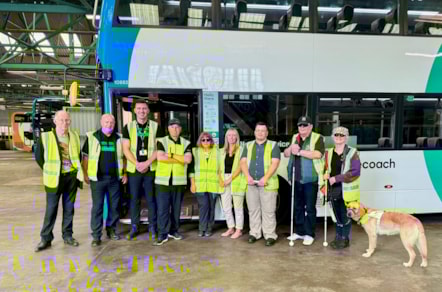 Members of the RNIB and Stagecoach drivers and training staff undergo training at the Birkenhead bus depot.