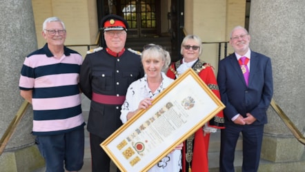 Former Councillor Karen Shakespeare receives Freedom of Dudley borough with l-r husband and fellow Freeman Les Jones, Deputy Lieutenant Richard Boot, Mayor of Dudley and Mayoral Consort