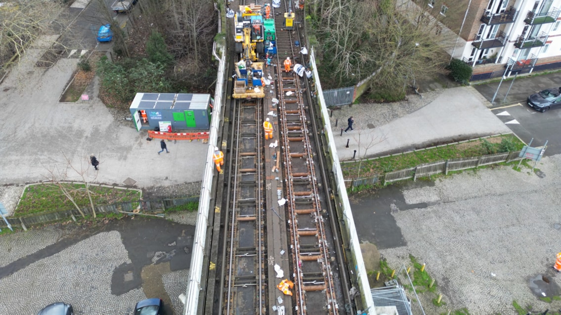 Train services resume between New Malden and Twickenham after four-day line closure for upgrades: Kingston Bridge viewed from above during the works