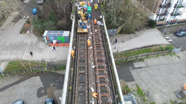Train services resume between New Malden and Twickenham after four-day line closure for upgrades: Kingston Bridge viewed from above during the works