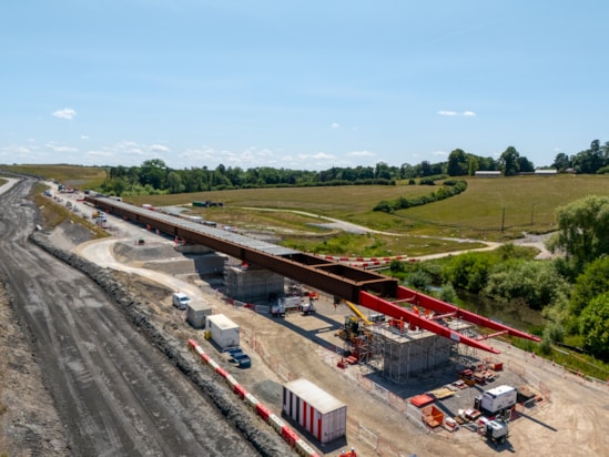 Aerial view of Lower Thorpe Viaduct on the first day of the deck launch June 2025: Aerial view of Lower Thorpe Viaduct on the first day of the deck launch June 2025