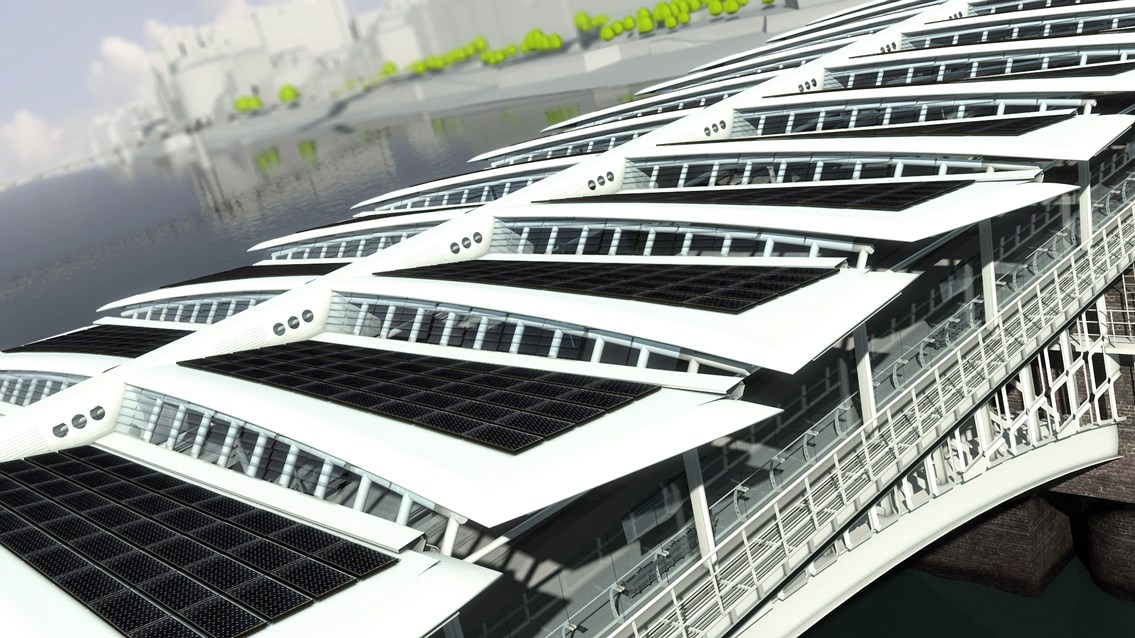 Blackfriars Solar Array: Artist's impression showing 4,000 solar panals on the roof of Blackfriars station, making it the world's largest solar bridge (part of the Thameslink Programme)