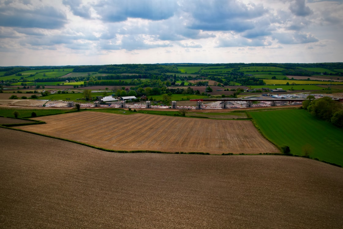 Aerial view of Wendover Dean Viaduct deck push from across the fields May 2024