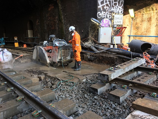 Slab track renewal taking place at Kentish Town, Camden, on 28 December 2017 (3)