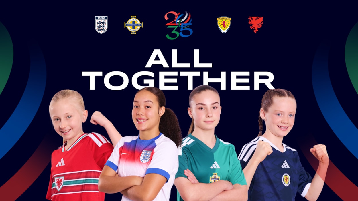FIFA WWC2035 BidHero 1600x900: Image of girls wearing football shirts of England, Northern Ireland, Scotland and Wales with 2035 big logo and slogan 'All Together'