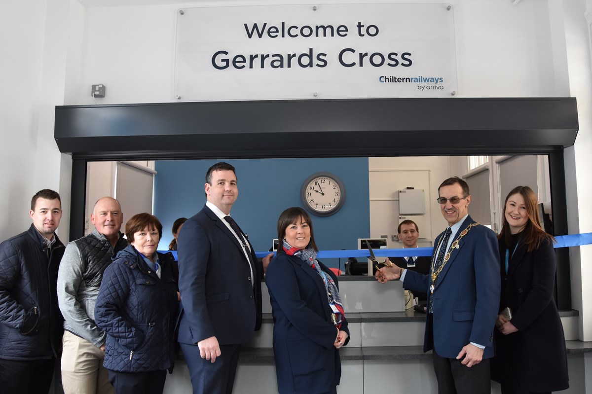 Chiltern Railways staff join Gerrards Cross Mayor Cllr Chris Brown at the official re-opening of the station