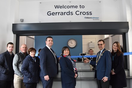 Chiltern Railways staff join Gerrards Cross Mayor Cllr Chris Brown at the official re-opening of the station