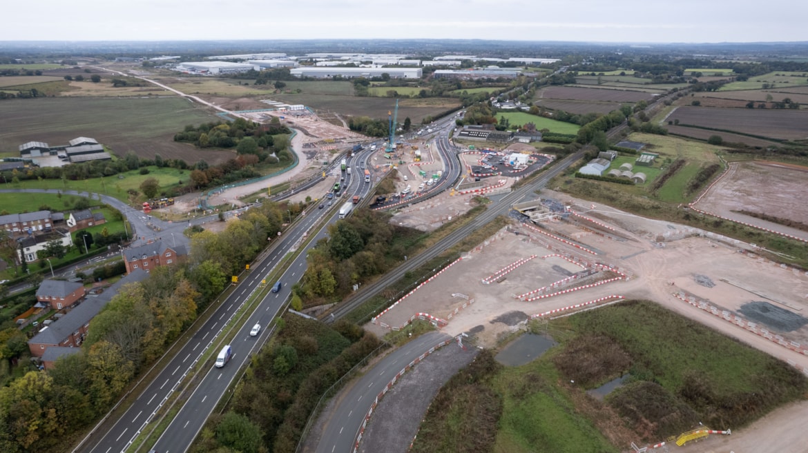 Foundation work starts on bridge to take A38 highway over HS2 line: Rykneld Street bridge, Streethay - start of piling works