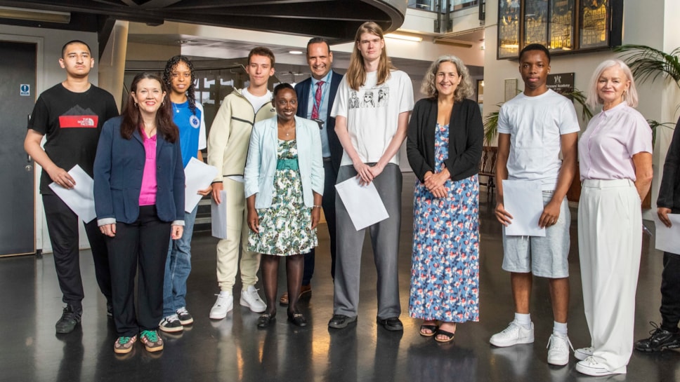 Hackney Council representatives with students receiving their A-level and BTEC results at Skinners Academy