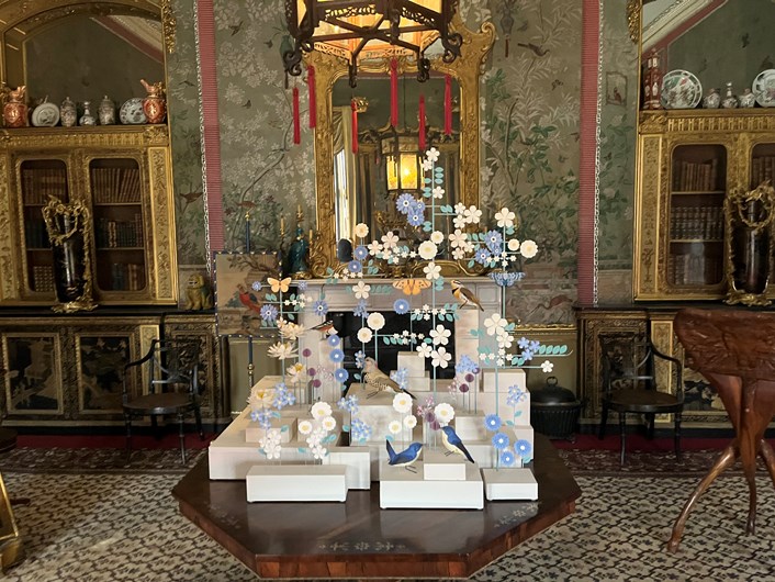 Outside In: Using delicate paper, artist Diana Beltrán Herrera’s Forever Spring sees a flock of stunning exotic birds take flight inside the house’s Chinese Drawing Room, famed as one of the world’s most extravagantly decorated rooms.