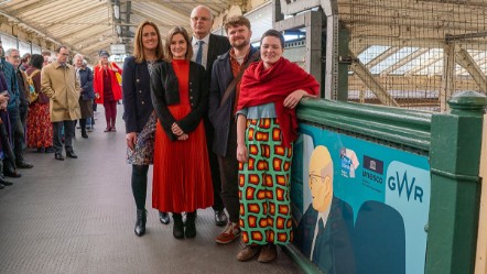 Local artists celebrate Devon’s rich literary history with unveiling at Exeter St Davids for World Book Day.
Left to right: GWR Customer Services Director Rachel Geliamassi; Exeter City of Literature Executive Director Anna Cohn Orchard; GWR Station Manager Robin Barrington-Best (who features in the