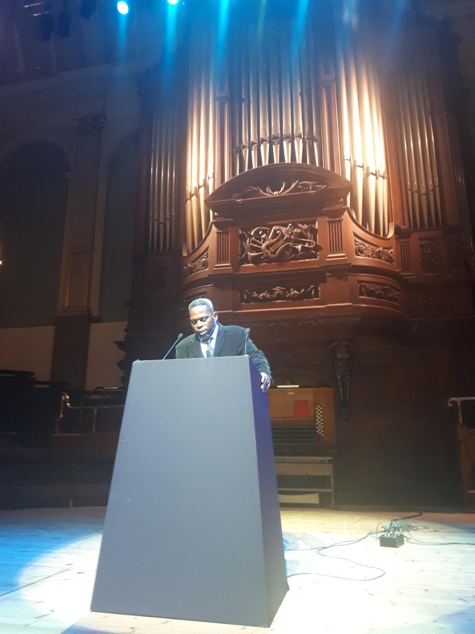 Actor Steve McCauley of Too Heavy Productions recites from Paul Robeson speeches at Reading Concert Hall, 60 years after the great civil rights leader visited the venue.