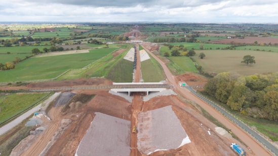 View looking north along the HS2 trace with Offchurch Greenway bridge in the foreground Oct 2025: View looking north along the HS2 trace with Offchurch Greenway bridge in the foreground Oct 2025