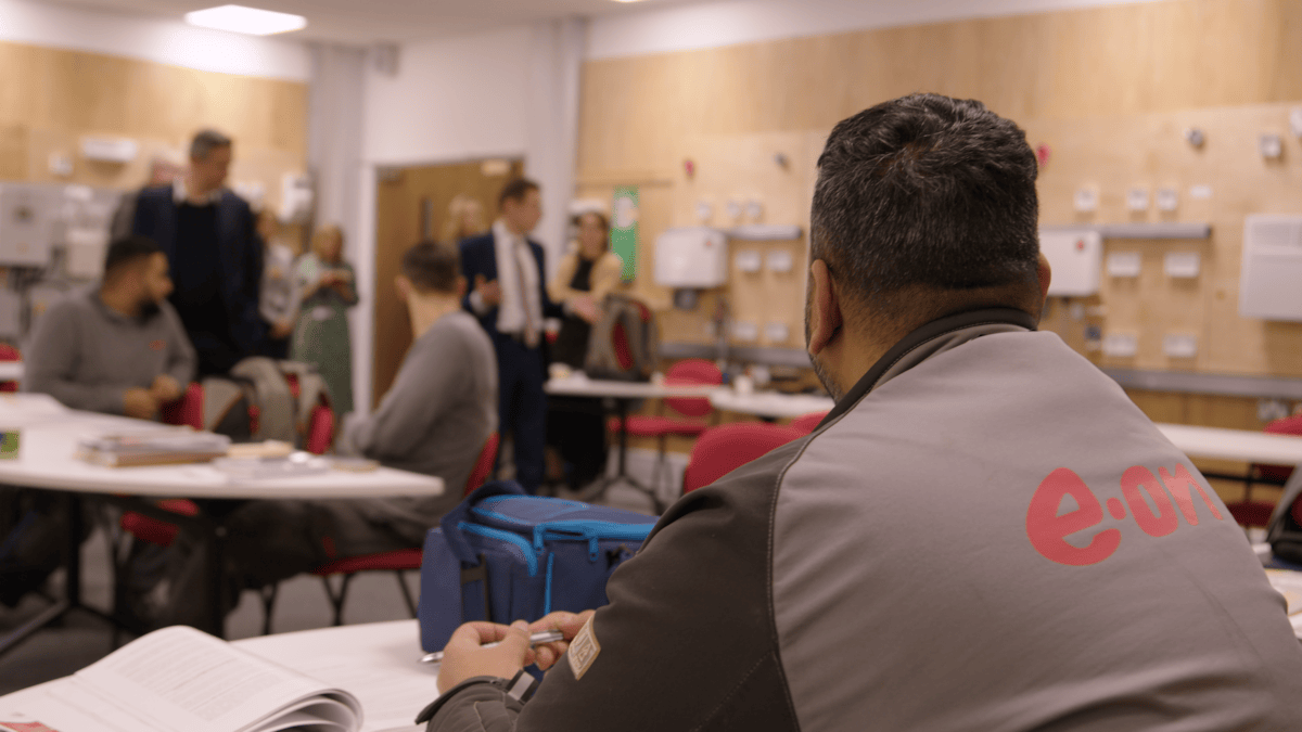 Inside one of the large training rooms at E.ON's Net Zero Training Academy in Kingswinford, UK.