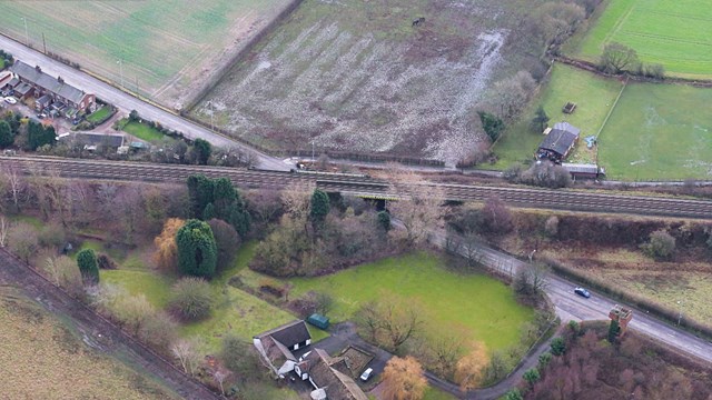 Information released about Warrington railway bridge upgrade: Aerial shot of South Lane bridge in Warrington