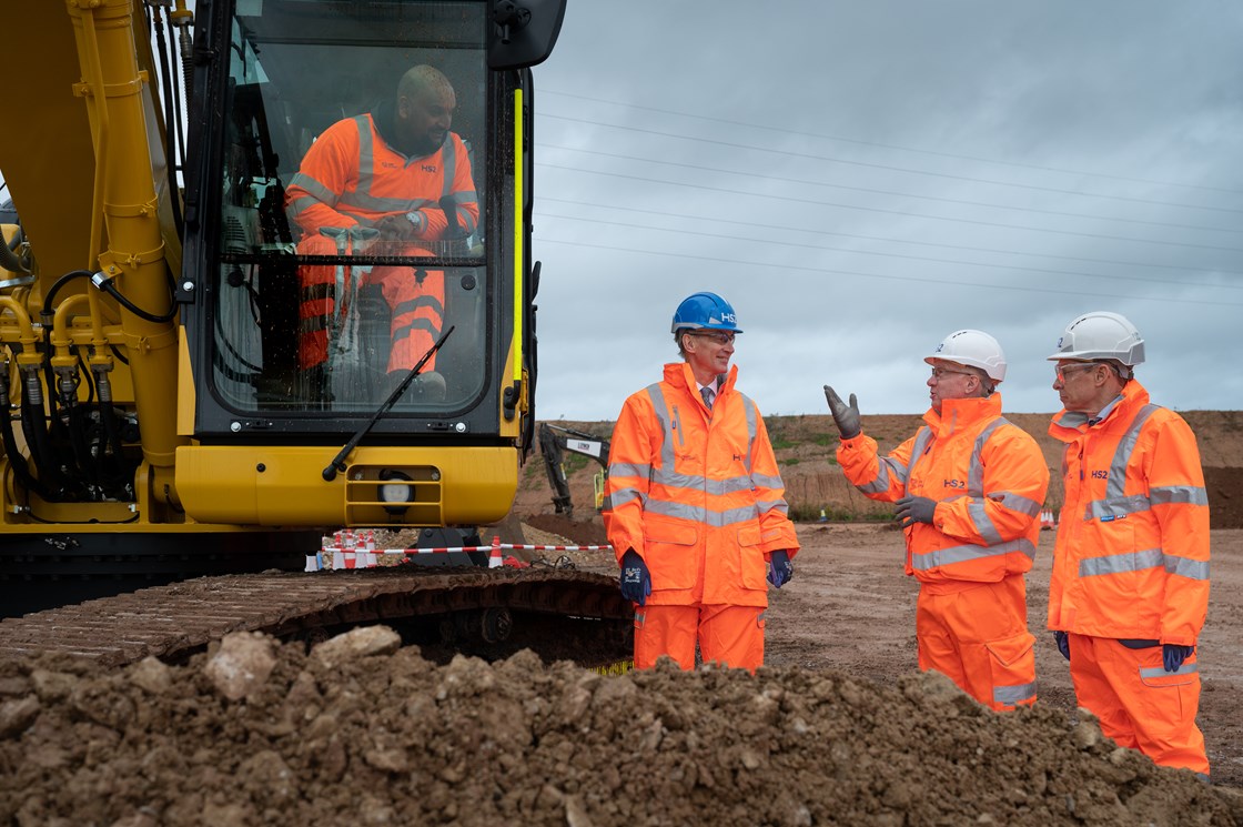 Chancellor Jeremy Hunt, HS2 Ltd CEO Mark Thurston and West Midlands Mayor Andy Street on HS2's Interchange Station site